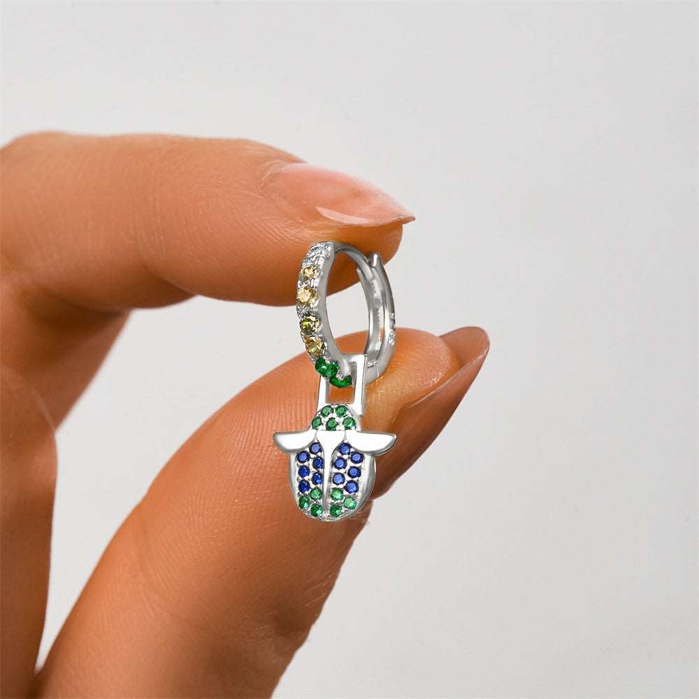 925 Silver Blue Green Ladybug Sparkle Drop Huggie Earrings CZ Diamond