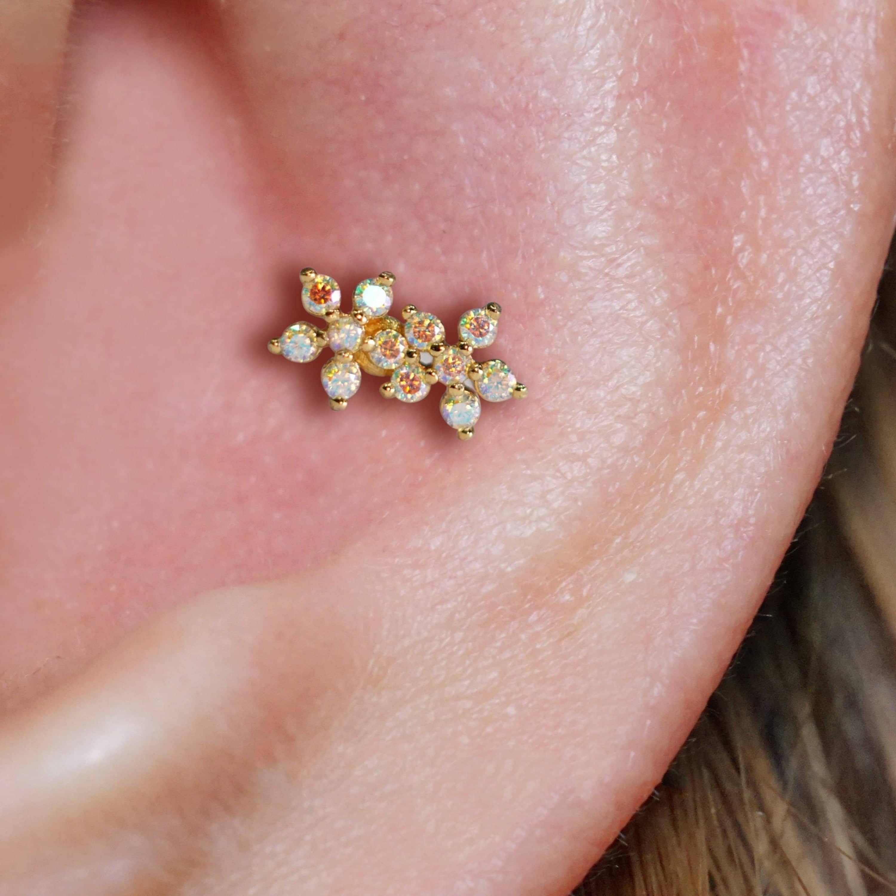 White AB Double Flower Ball Back & Flat Back Cartilage Earrings